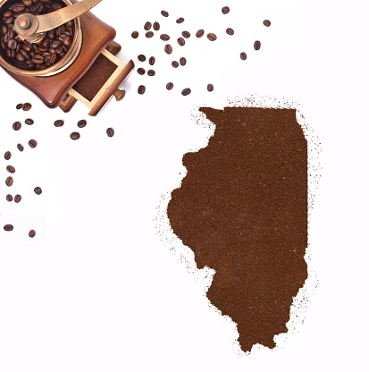 Coffee powder in the shape of Illinois and a coffee mill.(series).